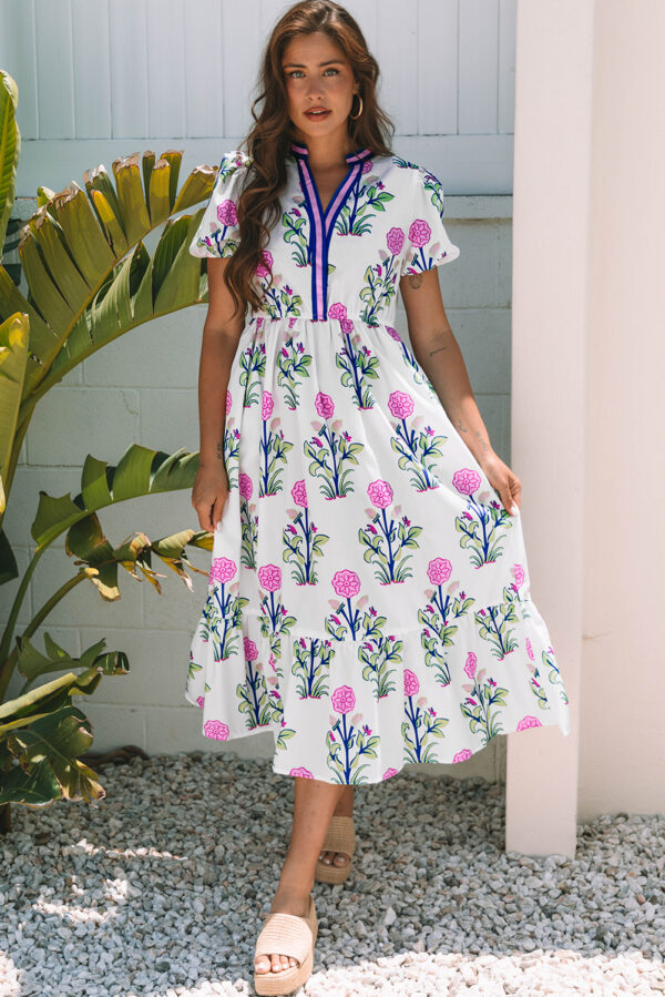 Floral Puff Sleeve V Neck High Waist Maxi Dress - Image 4