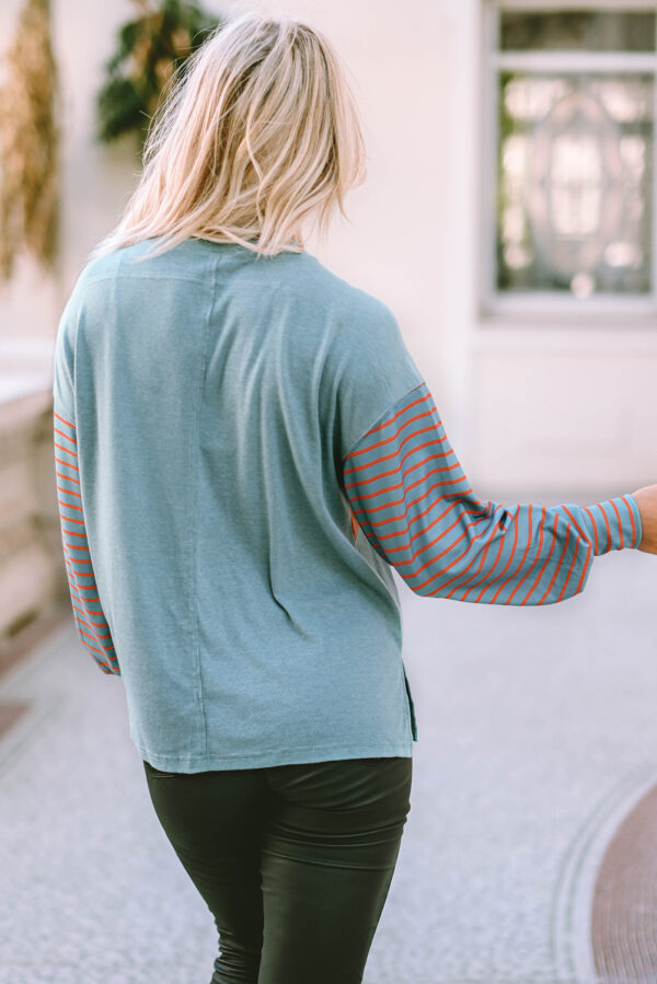 Women’s long sleeve striped shift top with bishop sleeves