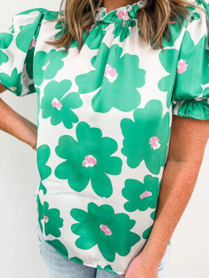 Short sleeve blouse with high neckline and ruffles
