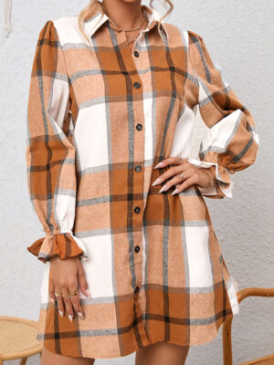 Plaid Collared Ruffled Sleeve Shirt Dress
