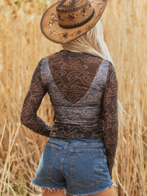 Letter-patterned Western mock neck top for women