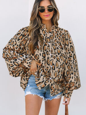 Oversized Leopard Print Balloon Sleeve Shirt