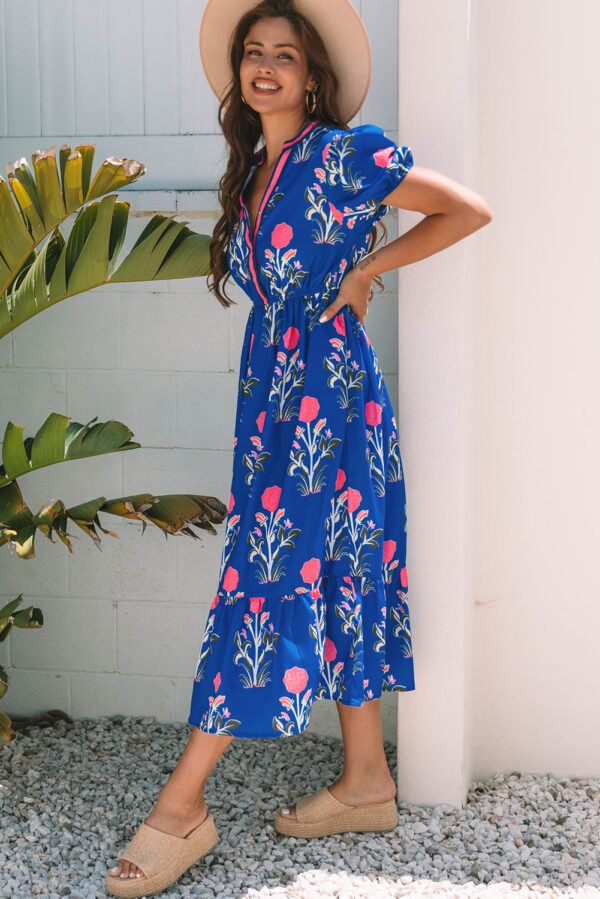 Floral Puff Sleeve V Neck High Waist Maxi Dress - Image 3