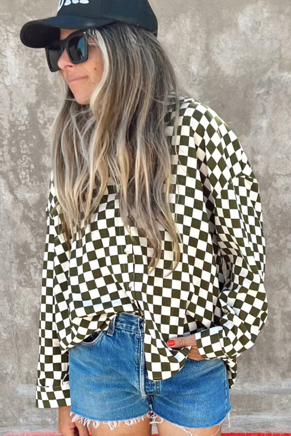 Checkerboard Drop Shoulder Loose Casual Cotton Shirt