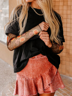 Faux Two Piece Floral Long Sleeve Patchwork Tee
