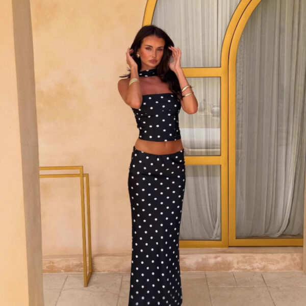 Strapless black polka dot crop top