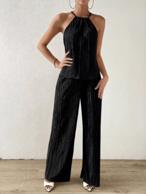 Black neck strap top and long pants set women