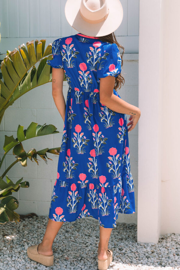 Floral Puff Sleeve V Neck High Waist Maxi Dress - Image 2