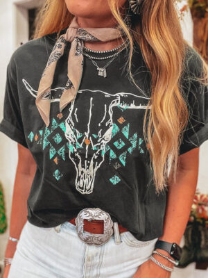 Western Bull Skull Graphic T-Shirt