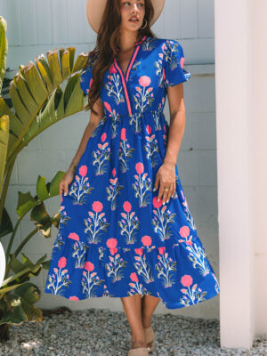 Floral Puff Sleeve V Neck High Waist Maxi Dress