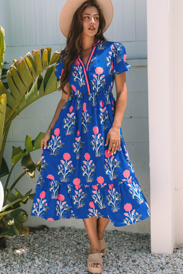 Floral Puff Sleeve V Neck High Waist Maxi Dress