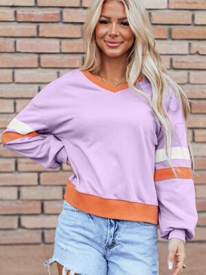 Patchwork Drop Shoulder V Neck Sweatshirt with Rib Knit Detail