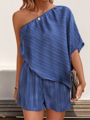 Summer solid color diagonal shoulder jumpsuit