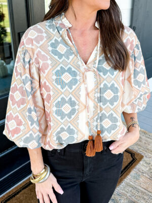 Geometric Print Balloon Sleeve Blouse with Tassel Tie Neck