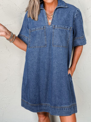 Blue Short Sleeve Collared Patched Pocket Denim Mini Dress