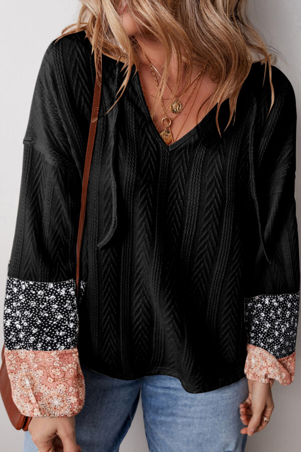 Floral Patchwork Knit Blouse with Drawstring Knot