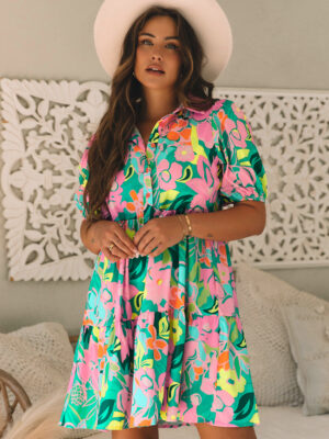 Floral Puff Sleeve Collar Buttoned Babydoll Dress