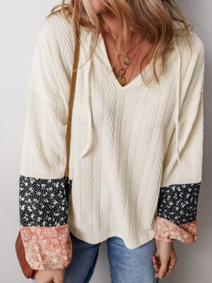 Floral Patchwork V Neck Blouse for Women