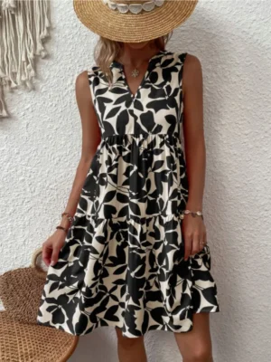 Printed notched sleeveless mini dress casual style