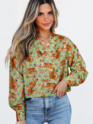 Green Tiger Floral Collared V Neck Casual Shirt