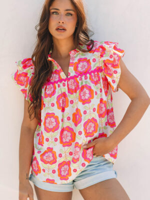 Floral Ruffled Sleeve Split Neck Blouse for Women