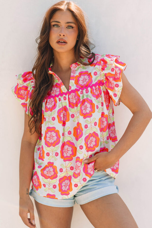 Floral Ruffled Sleeve Split Neck Blouse for Women