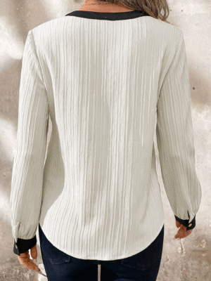 Textured Long Sleeve V Neck Blouse with Stripes