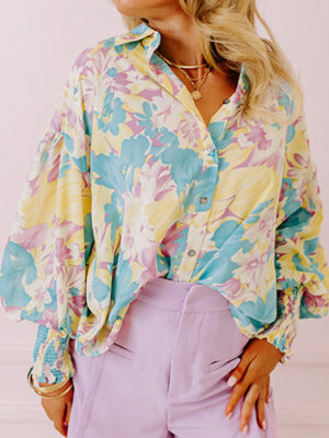 Floral Print Oversized Shirt with Shirred Cuffs and Shirt Collar