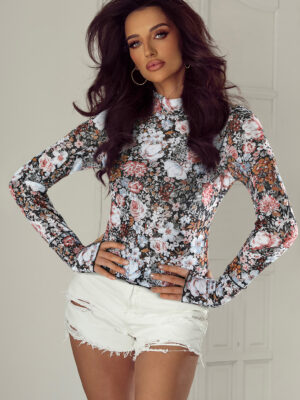 Brown Floral Long Sleeve High Neck Sheath Mesh Blouse
