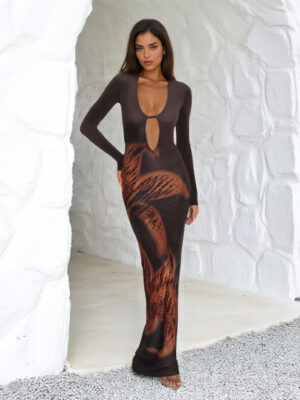 Deep V plunge floral print cutout dress with long sleeves
