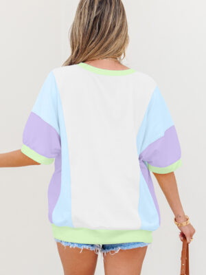 Loose fit color block patchwork tee with pocket detail