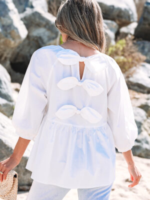 White Cotton Bow Back Loose Blouse for Women