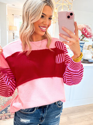 Women’s Casual Top with Floral Patchwork and Stripes