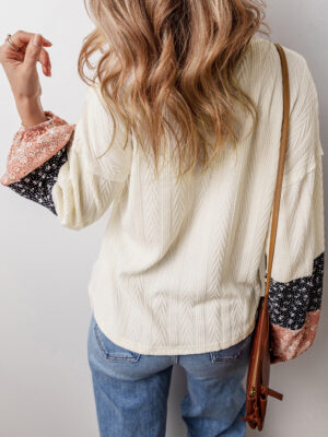 Women’s Patchwork Drawstring Knot V Neck Blouse