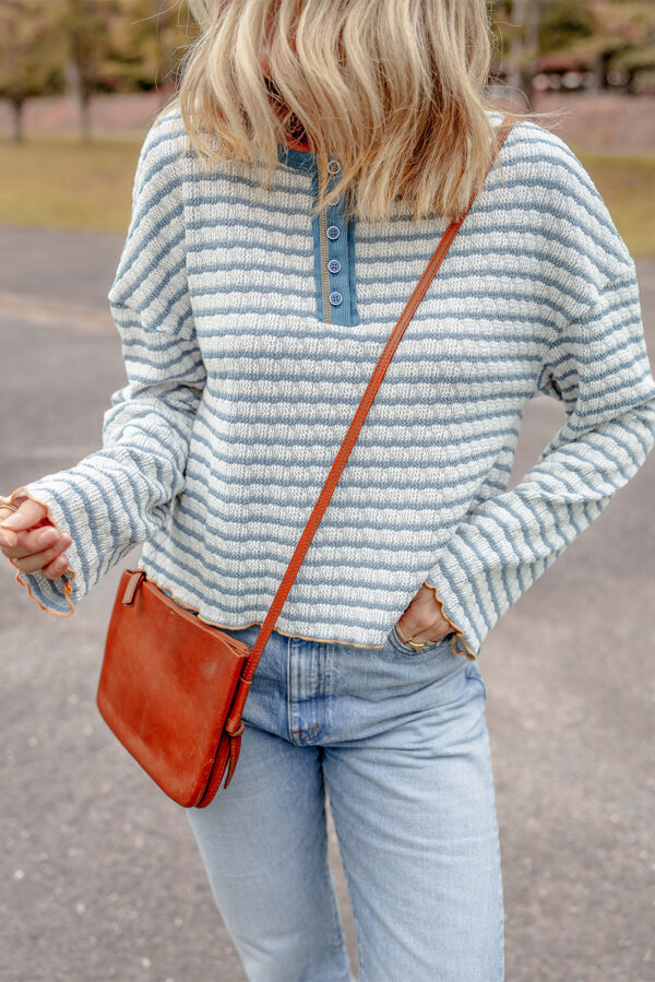 Stripe Textured Henley Long Sleeve Top for Women