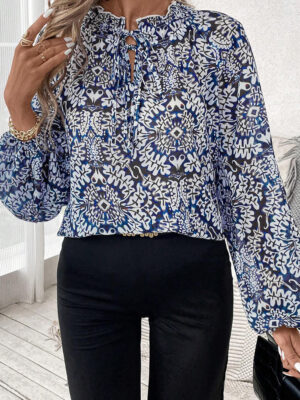 V-Neck Lace-Up Tribal Print Blouse