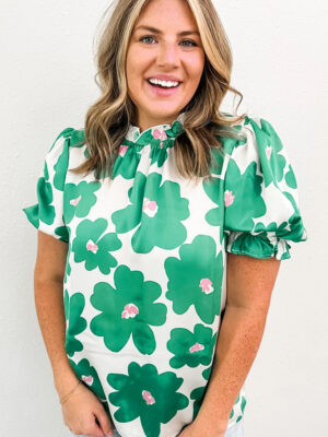 Floral Puff Sleeve Blouse with Frill High Neck