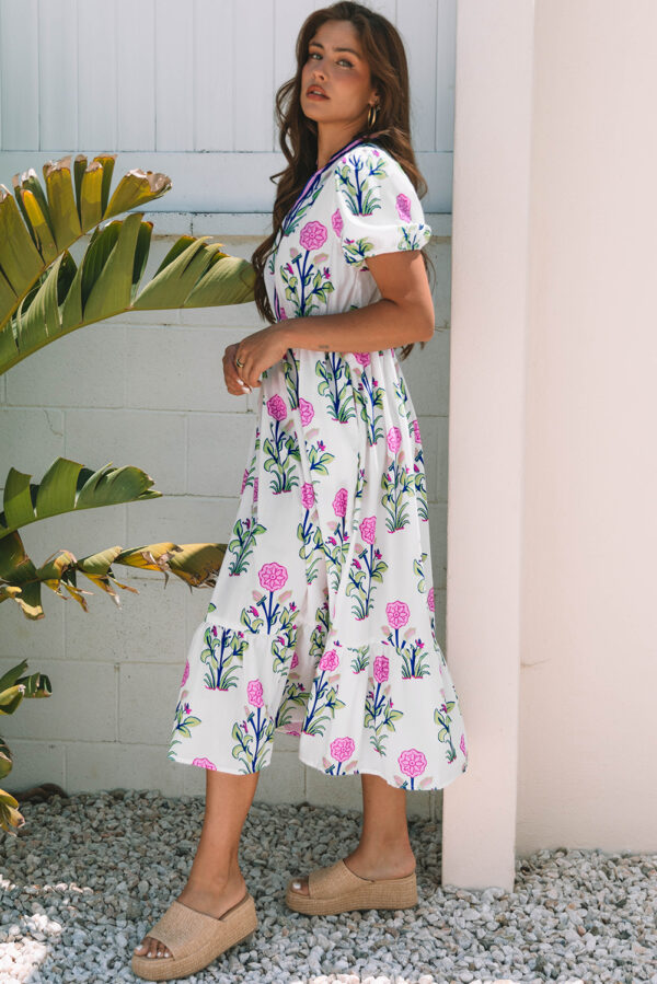 Floral Puff Sleeve V Neck High Waist Maxi Dress - Image 6