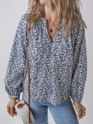 Floral Notched V Neck Puff Sleeve Cotton Blouse