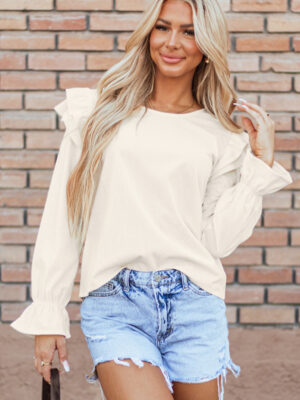 Corduroy Blouse with Ruffled Flounce Sleeves and Round Neck