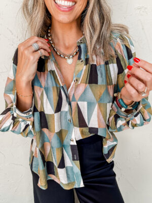 Geometric Print Balloon Sleeve Loose Fit Shirt