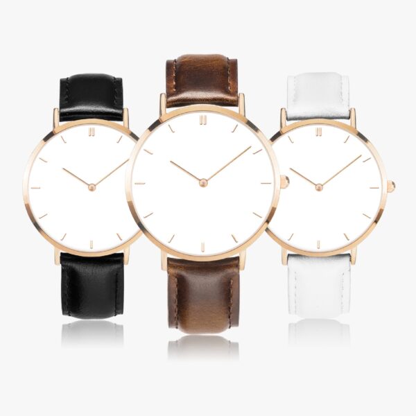 Leather strap rose gold quartz watch