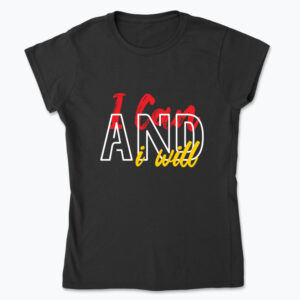 White custom women's t-shirt with full color logo printed on the front, modern fitted style.